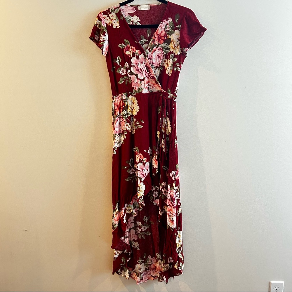 Altar'd State Burgundy Floral High Low Wrap Dress | Size Small | Andres B3
